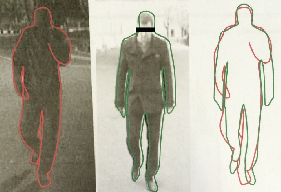 совмещениу изображений неизвестного и проверяемого лица по контурам и пропорциям корпуса, головы и конечностей