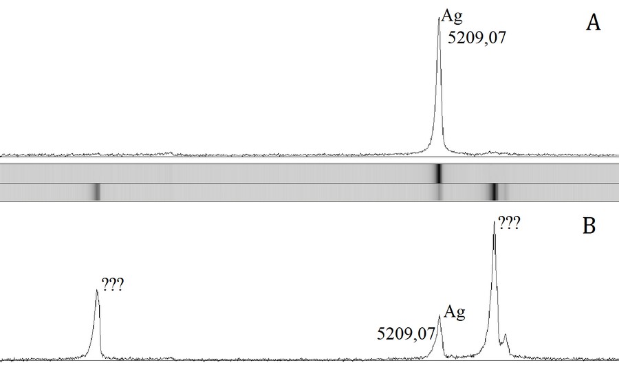 Рис. 14. Сравнительный спектральный анализ двух образцов: А – спектр чистого серебра, В – спектр образца исследуемого объекта. Область исследования – 5200 Å