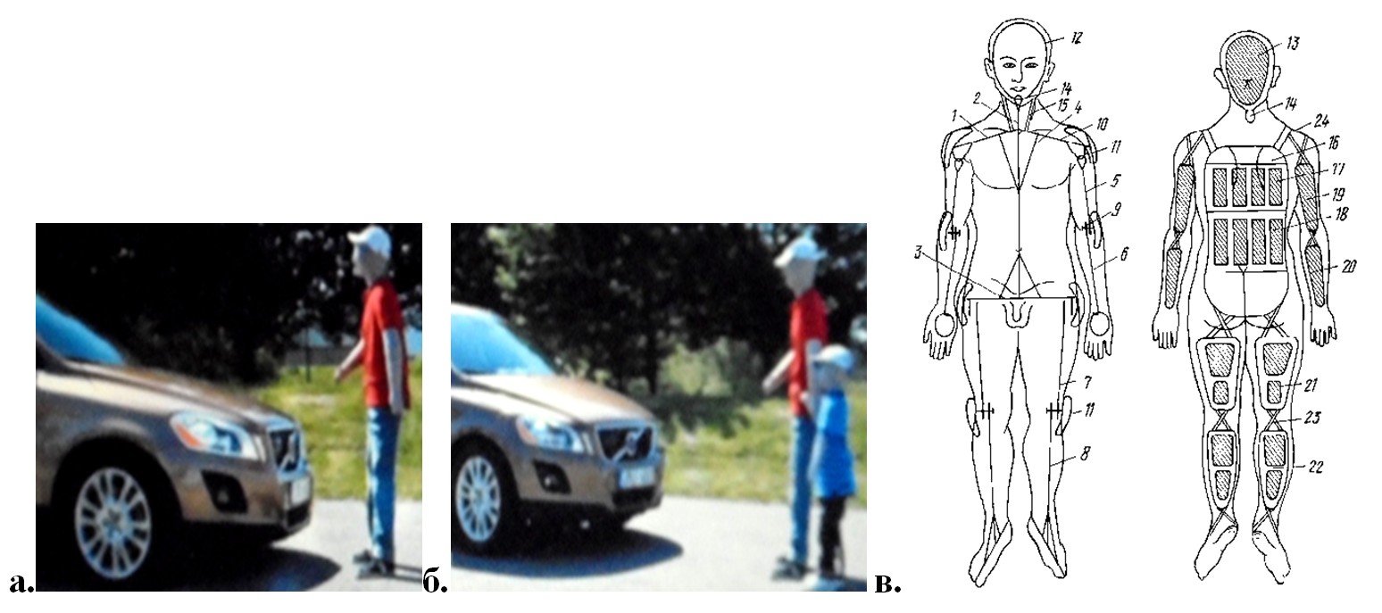 Рис. 4. Манекены пешехода, разрабатываемые для испытания систем активной безопасности автомобиля (а и б) и для нужд судебной медицины (в): а, б – манекены «Боб» и «Боб младший»; в – манекен для моделирования в судебной медицине (патент RU №2151428, кл. G09B 23/28, дата опубликования 20.06.2000); 1–3 – арматурные пруты плечевого пояса, позвоночного столба и таза; 4 – косые перемычки, соединяющие в единый каркас арматурные пруты 1–3; 5–8 – имитаторы плеча, предплечья, бедра, голени; 9 – болт крепления; 10 – петля; 11 – чашки из гермопластика ПОЛИВИК; 12 – имитатор головы; 13 – мешок с наполнителем; 14 – карабин с двумя степенями свободы; 15 – лента; 16 – чехол в виде мешка; 17, 18 – карманы на уровне груди и живота; 19–22 – мешки на передней и задней поверхности в области плеч, предплечий, бёдер, голени; 23 – вязки крепления мешков